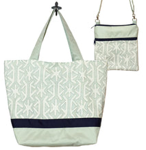 Load image into Gallery viewer, Sage Star with Light Green Bottom and Navy Ribbon Essential Tote Bag Set by Tutenago - The perfect women's oversized tote bag set to use as a diaper bag or beach bag with wet bag.