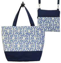 Load image into Gallery viewer, Navy Stars with Navy Nylon Essential Tote Bag Set by Tutenago - The perfect women's oversized tote bag set to use as a diaper bag or beach bag with wet bag.