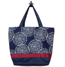 Load image into Gallery viewer, Navy Danda with Navy Nylon and Red Ribbon Essential Tote Bag by Tutenago - The perfect women&#39;s oversized tote bag for work, beach, shopping or an everyday bag.
