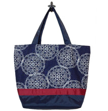 Load image into Gallery viewer, Navy Danda with Navy Nylon and Red Ribbon Essential Tote Bag by Tutenago - The perfect women's oversized tote bag for work, beach, shopping or an everyday bag.