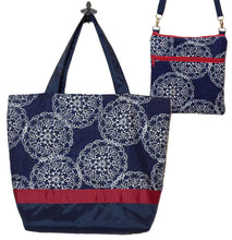 Load image into Gallery viewer, Navy Danda with Navy Nylon Essential Tote Bag Set by Tutenago - The perfect women's oversized tote bag set to use as a diaper bag or beach bag with wet bag.
