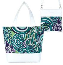 Load image into Gallery viewer, Teal Swirled Paisley with White Nylon Tote Bag Set by Tutenago - The perfect women's oversized tote bag set to use as a diaper bag or beach bag with wet bag