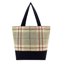 Load image into Gallery viewer, Tan Plaid with Waterproof Black Nylon Essential Tote Bag by Tutenago - The perfect women's oversized tote bag for work, beach, shopping or an everyday bag.