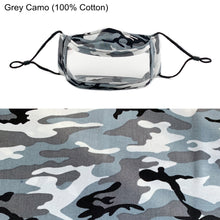 Load image into Gallery viewer, Gray Camo No Fog Non Toxic Clear Mask with 100% Cotton