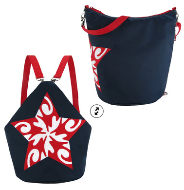 Iconic Star Convertible Backpack Purse Bucket Bag Applique Waterproof Nylon in Red, White and Blue
