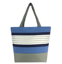 Load image into Gallery viewer, Blue Stripe with Waterproof Navy Nylon Ready-to-ship Essential Tote Bag by Tutenago - The perfect women's oversized tote bag for work, beach, shopping or an everyday bag.