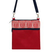 Load image into Gallery viewer, Red Wavy Dots fabric with waterproof Red Nylon & Navy Zipper  Ready-To-Ship Mini Square Crossbody Bag by Tutenago