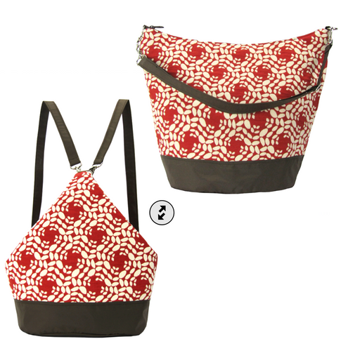 Red Samba with Waterproof Dark Brown Nylon Ready-To-Ship Women's Convertible Hobo bag by Tutenago