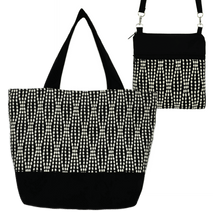 Load image into Gallery viewer, Black Wavy Dots Essential Tote Bag Set by Tutenago - The perfect women's oversized tote bag set to use as a diaper bag or beach bag with wet bag