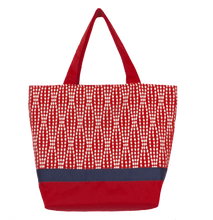 Load image into Gallery viewer, Wavy Dots in Red Essential Tote with Navy Ribbon by Tutenago - The perfect women's oversized tote bag for work, beach, shopping or an everyday bag.