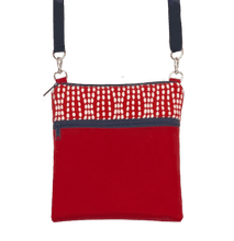 Load image into Gallery viewer, Wavy Dots in Red Mini Square Crossbody with Navy Zipper by Tutenago