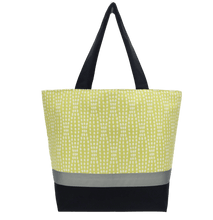 Load image into Gallery viewer, Yellow Wavy Dots Essential Tote Bag with Grey Ribbon and Black Nylon by Tutenago - The perfect women's oversized tote bag for work, beach, shopping or an everyday bag.
