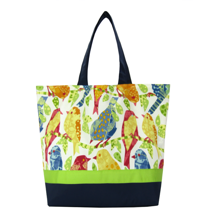 Birds with Navy Waterproof Nylon Ready-To-Ship Essential Tote Bag by Tutenago - The perfect women's oversized tote bag for work, beach, shopping or an everyday bag.