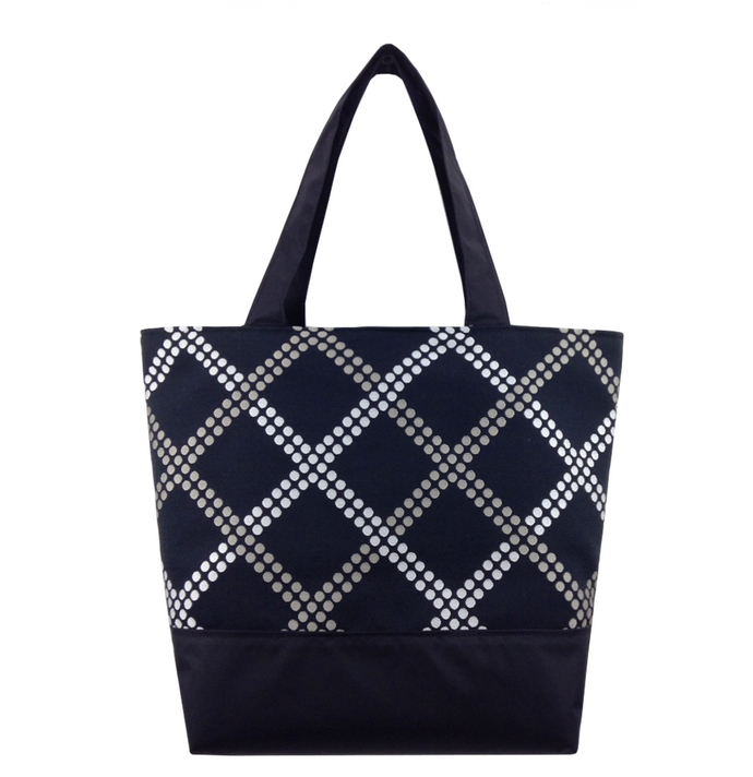 Black Dot Weave with Black and Grey Waterproof Nylon Ready-To Ship Essential Tote Bag by Tutenago - The perfect women's oversized tote bag for work, beach, shopping or an everyday bag.