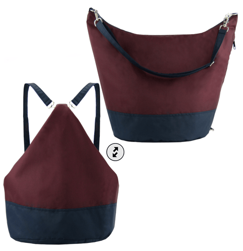 Burgundy & Navy Nylon Women's Convertible Hobo bag by Tutenago