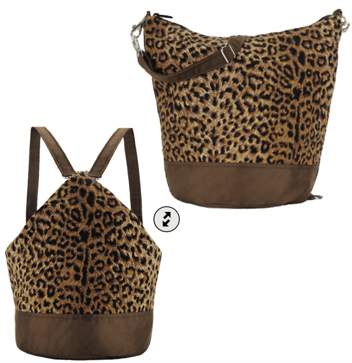 Cheetah Convertible Backpack Purse made with waterproof nylon - easily transforms into a crossbody messenger bag and sling bag