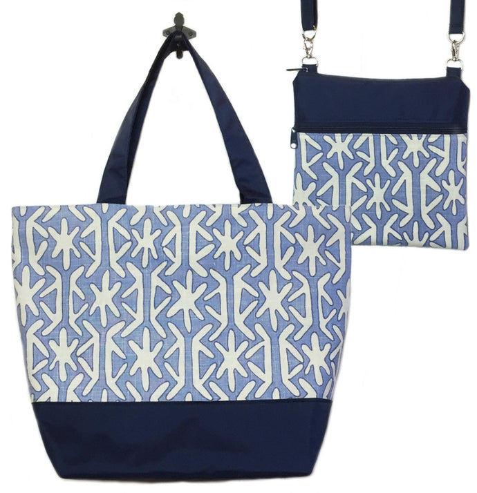 Navy Stars with Navy Nylon Essential Tote Bag Set by Tutenago - The perfect women's oversized tote bag set to use as a diaper bag or beach bag with wet bag.