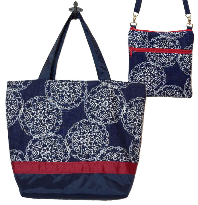Navy Danda with Navy Nylon Essential Tote Bag Set by Tutenago - The perfect women's oversized tote bag set to use as a diaper bag or beach bag with wet bag.