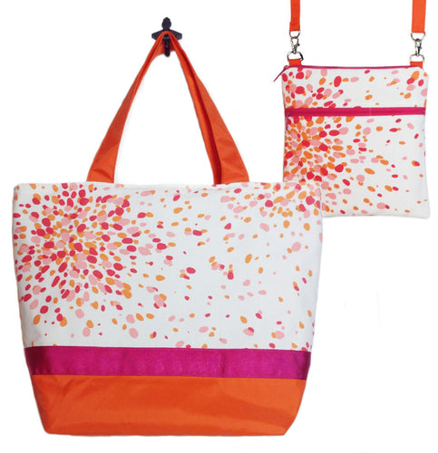 Pink Jelly Bean with Orange Nylon and Dark Pink Ribbon Essential Tote Bag Set by Tutenago - The perfect women's oversized tote bag set to use as a diaper bag or beach bag with wet bag.