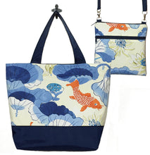 Load image into Gallery viewer, Koi Fish with Navy Nylon Essential Tote Bag Set by Tutenago - The perfect women&#39;s oversized tote bag set to use as a diaper bag or beach bag with wet bag.

