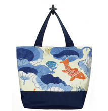 Load image into Gallery viewer, Koi Fish with Navy Nylon Essential Tote Bag by Tutenago - The perfect women&#39;s oversized tote bag for work, beach, shopping or an everyday bag.
