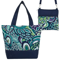 Load image into Gallery viewer, Teal Swirled Paisley with Navy Nylon Tote Bag Set by Tutenago - The perfect women&#39;s oversized tote bag set to use as a diaper bag or  beach bag with wet bag
