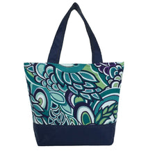 Load image into Gallery viewer, Teal Swirled Paisley with Navy Nylon Essential Tote Bag by Tutenago - The perfect women&#39;s oversized tote bag for work, beach, shopping or an everyday bag.

