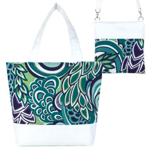 Load image into Gallery viewer, Teal Swirled Paisley with White Nylon Tote Bag Set by Tutenago - The perfect women&#39;s oversized tote bag set to use as a diaper bag or  beach bag with wet bag
