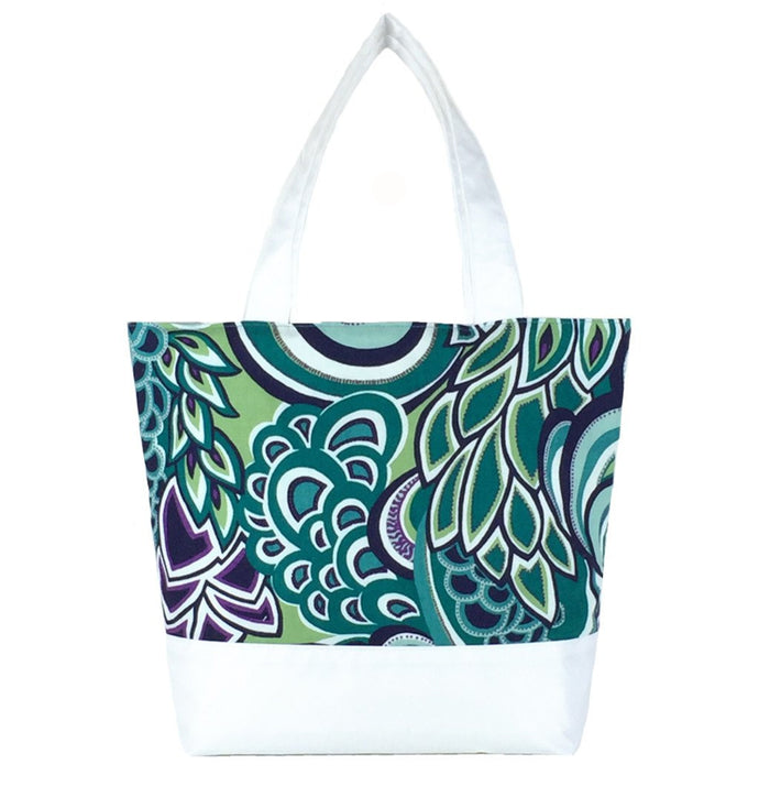 Teal Swirled Paisley with White Nylon Essential Tote Bag by Tutenago - The perfect women's oversized tote bag for work, beach, shopping or an everyday bag.