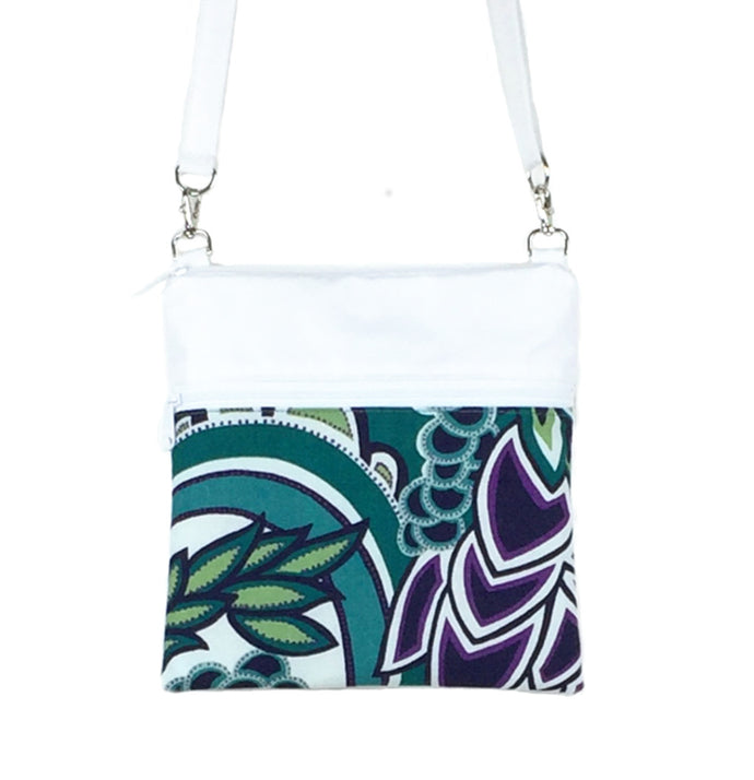 Teal Swirled Paisley with White Nylon Mini Square Crossbody Bag by Tutenago