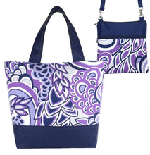 Load image into Gallery viewer, Purple Swirled Paisley with Navy Nylon Tote Bag Set by Tutenago - The perfect women&#39;s oversized tote bag set to use as a diaper bag, or  beach bag with wet bag
