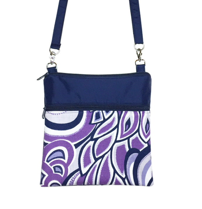 Purple Swirled Paisley with Navy Nylon Mini Square Crossbody Bag by Tutenago