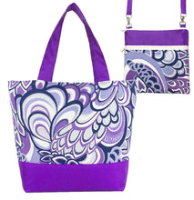 Load image into Gallery viewer, Purple Swirled Paisley with Purple Nylon Tote Bag Set by Tutenago - The perfect women&#39;s oversized tote bag set to use as a diaper bag, or  beach bag with wet bag
