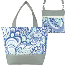 Load image into Gallery viewer, Grey Swirled Paisley with Grey Nylon Tote Bag Set by Tutenago - The perfect women&#39;s oversized tote bag set to use as a diaper bag, or  beach bag with wet bag
