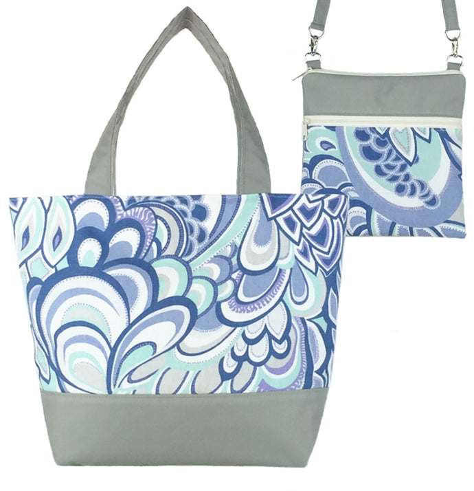 Grey Swirled Paisley with Grey Nylon Tote Bag Set by Tutenago - The perfect women's oversized tote bag set to use as a diaper bag, or  beach bag with wet bag