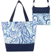 Load image into Gallery viewer, Grey Swirled Paisley with Navy Nylon Essential Tote Bag Set  by Tutenago - The perfect women&#39;s oversized tote bag set to use as a diaper bag, or  beach bag with wet bag
