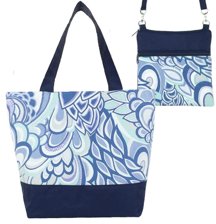 Grey Swirled Paisley with Navy Nylon Essential Tote Bag Set  by Tutenago - The perfect women's oversized tote bag set to use as a diaper bag, or  beach bag with wet bag