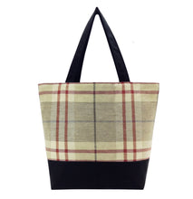 Load image into Gallery viewer, Tan Plaid with Waterproof Black Nylon Essential Tote Bag by Tutenago - The perfect women&#39;s oversized tote bag for work, beach, shopping or an everyday bag.
