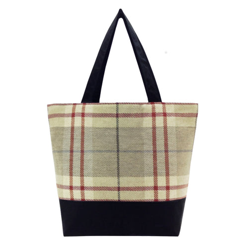 Tan Plaid with Waterproof Black Nylon Essential Tote Bag by Tutenago - The perfect women's oversized tote bag for work, beach, shopping or an everyday bag.