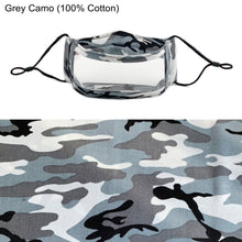 Load image into Gallery viewer, Gray Camo No Fog Non Toxic Clear Mask with 100% Cotton 
