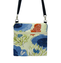 Load image into Gallery viewer, Koi Fabric with Navy Waterproof Nylon Ready-To-Ship Mini Square Crossbody Bag by Tutenago
