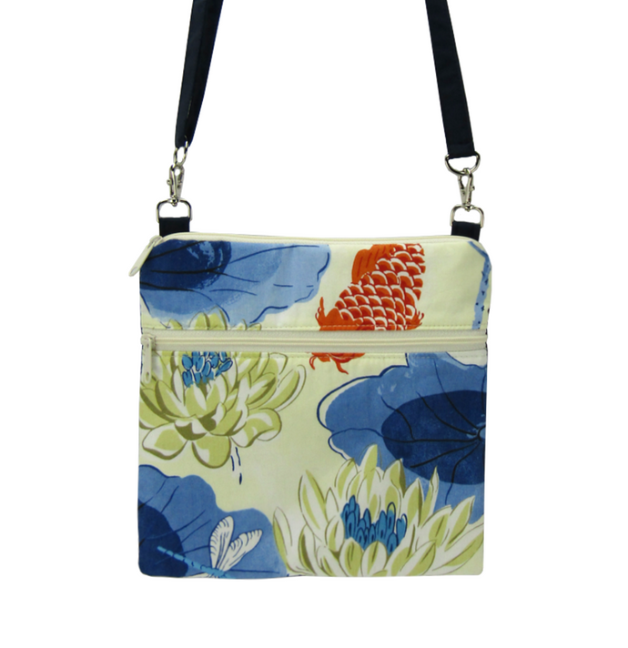 Koi Fabric with Navy Waterproof Nylon Ready-To-Ship Mini Square Crossbody Bag by Tutenago