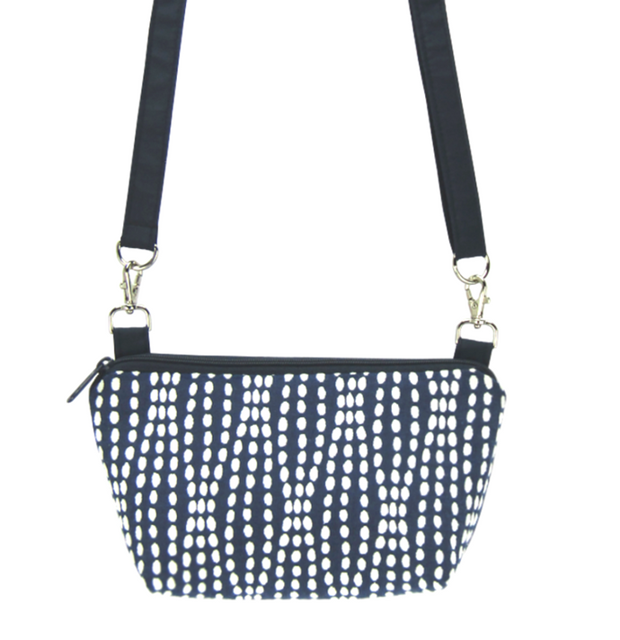 Navy Wavy Dots with Waterproof Navy Nylon Ready-To-Ship  Traveler Waist Bag and Small Crossbody Purse by Tutenago