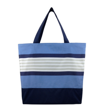 Load image into Gallery viewer, Navy Stripe with Waterproof Navy Nylon Ready-To-Ship Essential Tote Bag by Tutenago - The perfect women&#39;s oversized tote bag for work, beach, shopping or an everyday bag.
