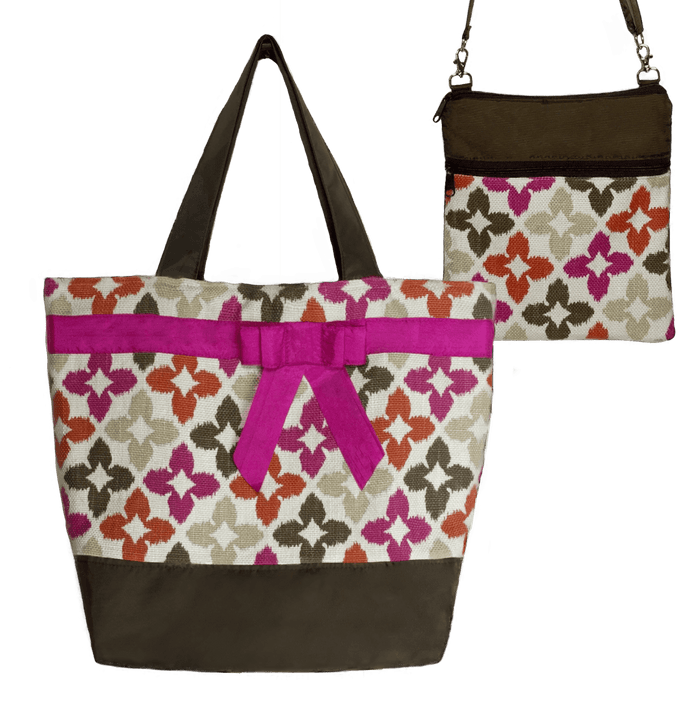 Novia Red Pink with Brown Nylon Essential Tote Bag Set by Tutenago - Beach Bag, Work Bag, Diaper Bag, Market BagSet 