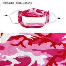 Load image into Gallery viewer, Pink Camouflage Clear Window Mask No Fog Latex Free
