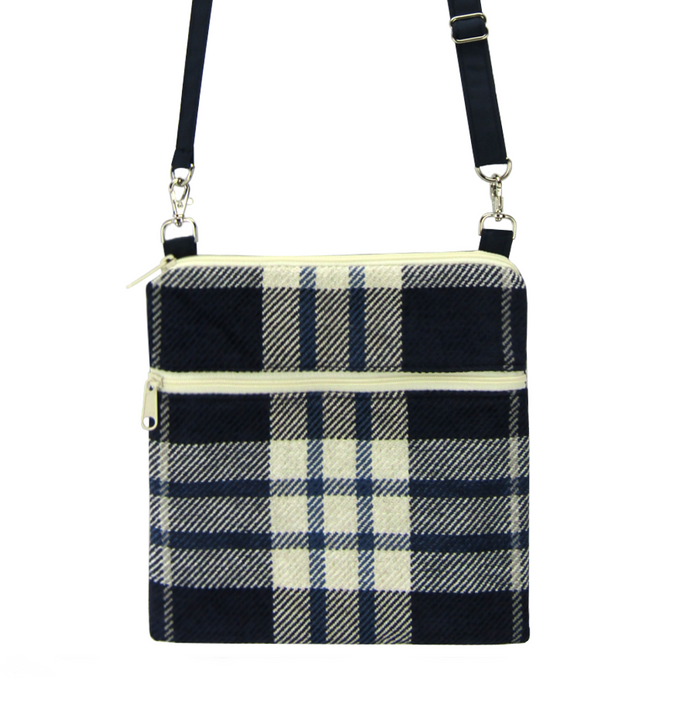 Navy Plaid with Navy Nylon with Cream Zipper Mini Square Crossbody Bag by Tutenago