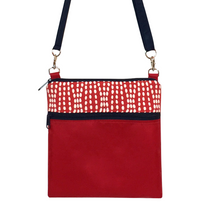 Load image into Gallery viewer, Red Wavy Dots fabric with waterproof Red Nylon &amp; Navy Zipper  Ready-To-Ship Mini Square Crossbody Bag by Tutenago
