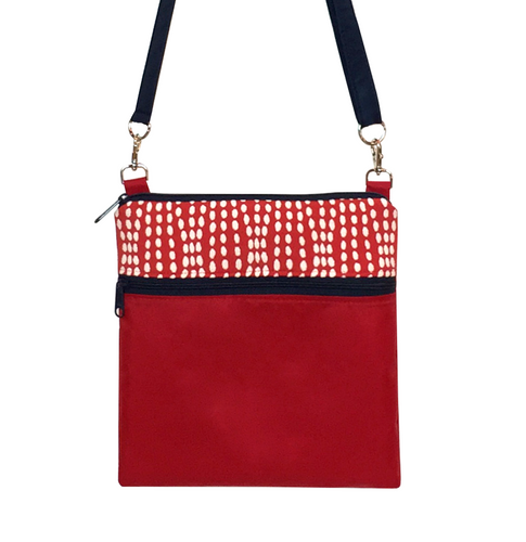 Red Wavy Dots fabric with waterproof Red Nylon & Navy Zipper  Ready-To-Ship Mini Square Crossbody Bag by Tutenago