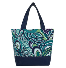 Load image into Gallery viewer, Teal Swirled Paisley with Waterproof Navy Nylon Ready-To-Ship Essential Tote Bag by Tutenago - The perfect women&#39;s oversized tote bag for work, beach, shopping or an everyday bag.
